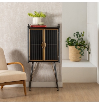 Vitrina Noli - 58 x 40 x 120 cm - Negro / Oro / Metal / Cristal Brick