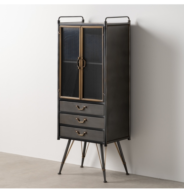 Vitrina Noli - 58 x 40 x 150 cm - Negro / Oro / Metal / Cristal Brick